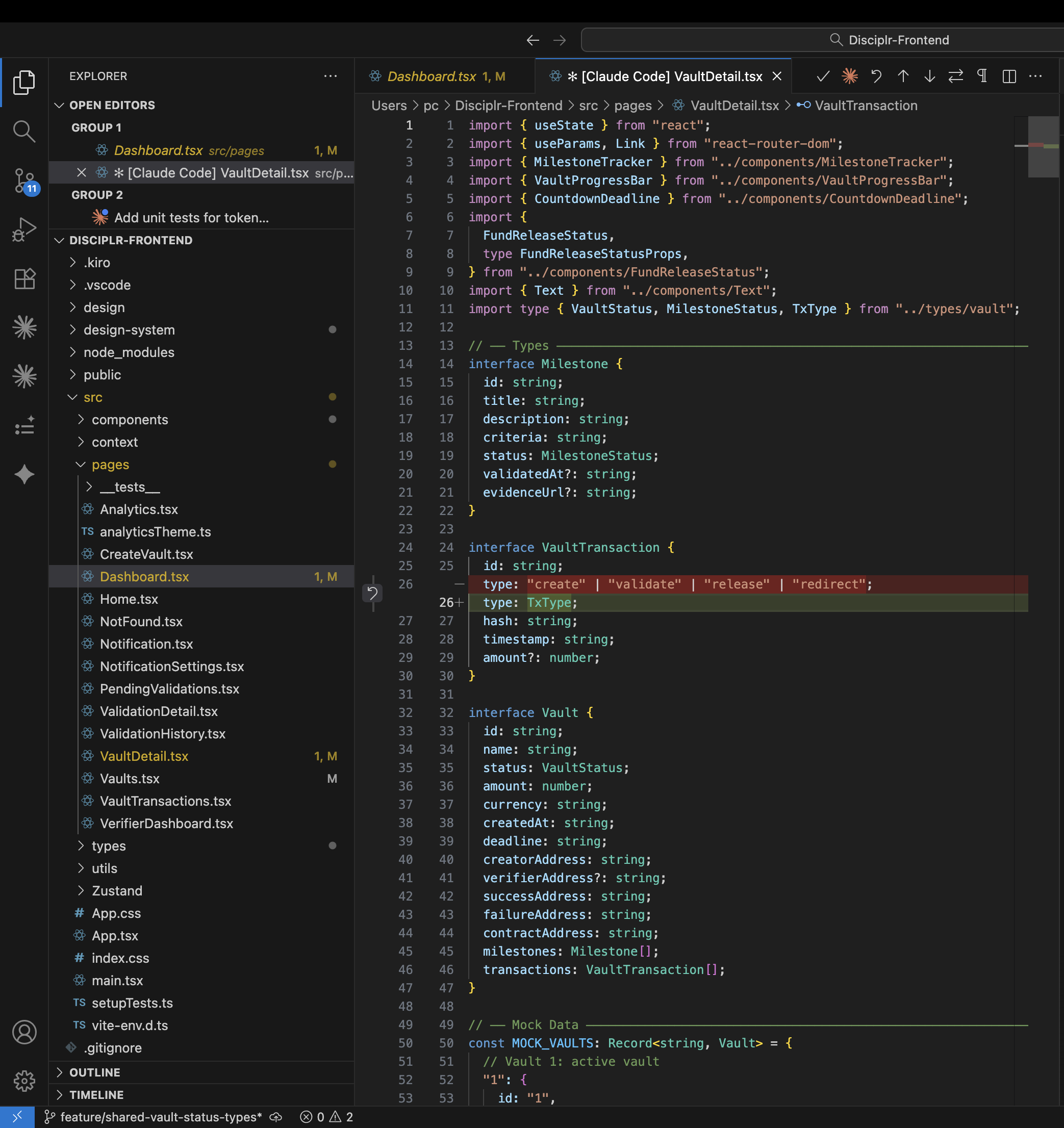 Screenshot of Disciplr Frontend shared VaultStatus type module